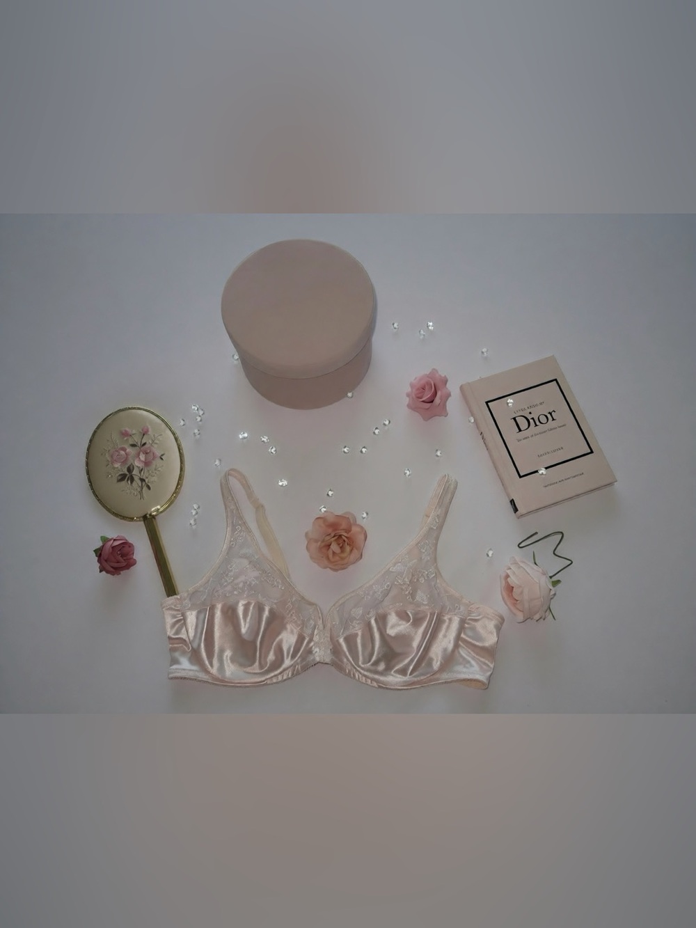 Vintage Christian Dior Satin and Lace Bra in Pale Pink
